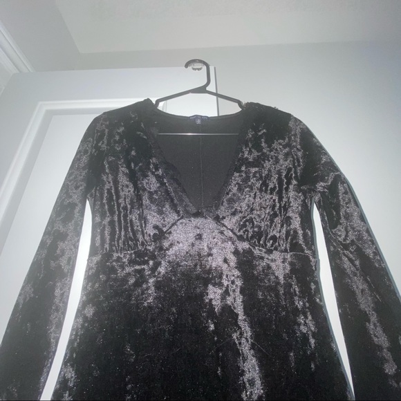 Black Velour Mini Lace Long Sleeve Dress - Picture 8 of 11